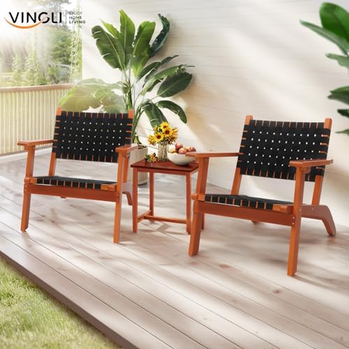 VINGLI Outdoor Armchair, Wooden Adirondack Chair All-Weather Wooden Patio Chair with Waterproof PE Woven Fabric, Porch Chair for Garden, Lawn and Poolside (2, Black and Brown)