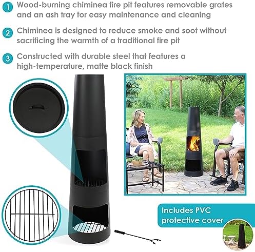 Sunnydaze Chiminea Outdoor Fireplace - Chiminea Fire Pit with Poker and Cover - Outdoor Wood-Burning Fire Pit - Black