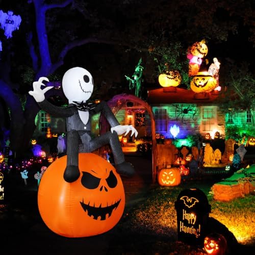 6Ft Inflatable Halloween Yard Decoration - Outdoor Blow Up Skeleton & Pumpkin Decoration - Built-in LED Lights for Halloween Lawn Outdoor Decoration