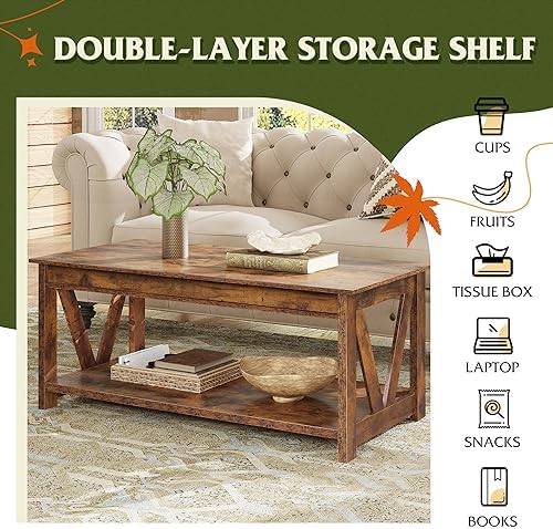 WLIVE Coffee Table, 43.3 Inch Farmhouse Table with Storage, Rustic Brown