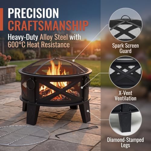 Fire Beauty 26" 2-in-1 Fire Pit with BBQ Grill, Spark Screen & Poker, Black