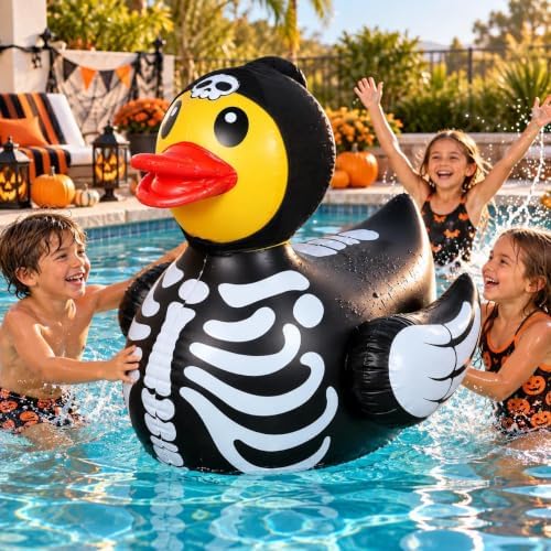 1Pcs 4.6 Feet Halloween Giant Inflatable Duck Outdoor Decorations,Huge Blow Up Yard Yellow Duck with Black Skeleton Bone Cloth Duck Pool Float for Indoor Halloween Party Garden Patio Lawn Decor