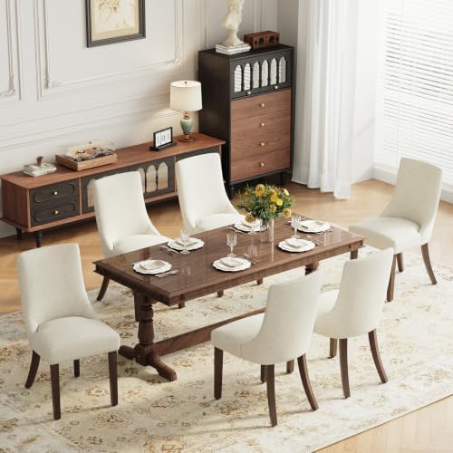 MALOL Wooden Dining Chairs Set of 6, Upholstered Kitchen & Dining Room Chairs with Solid Wood Legs Curved Backrest Farmhouse Accent Chair for Dining/Kitchen/Living Room, Beige