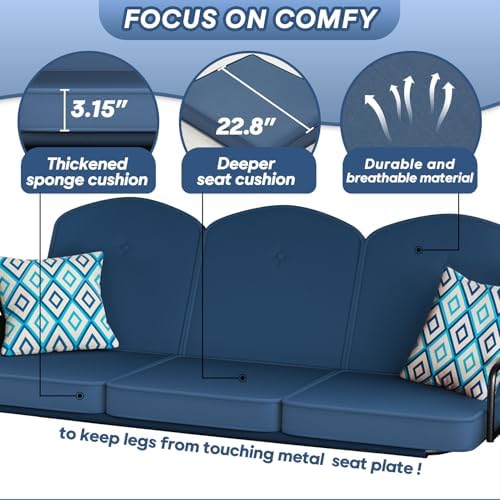 ZZW 3 Seat Outdoor Porch Patio Swing with Stand 800lbs 2-in-1 Convertible Swing Bed with Adjustable Canopy & Removable Cushion for Yard Garden Deck (Blue, Square Tube)