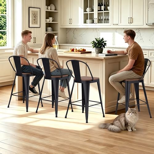 Metal Bar Stools Set of 4, 30" Black Bar Height Stools with Back