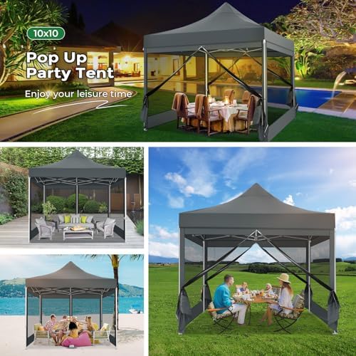 COBIZI 10x10 Heavy Duty Pop Up Canopy with 4 Mosquito Net Sidewalls, Gray