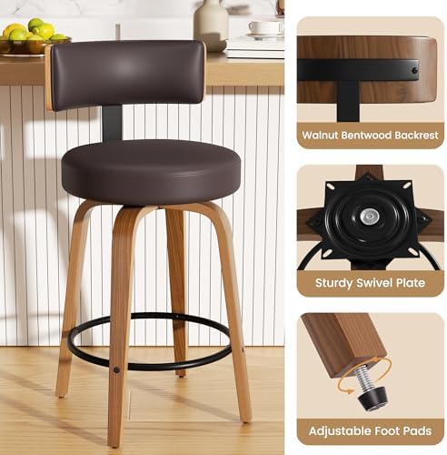 Swivel Bar Stools Set of 3, 26" Faux Leather Upholstered Counter Height Bar Stools with Back and Bentwood Legs, Mid Century Modern Bar Chairs Island Stools for Kitchen Counter, Dark Brown