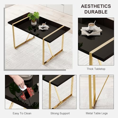 Modern Dining Table Set for 6, 55'' Dining Room Table Set with 6 Faux Leather Chairs, Black Wood Tabletop with Gold Metal Legs, Suitable for Small Space
