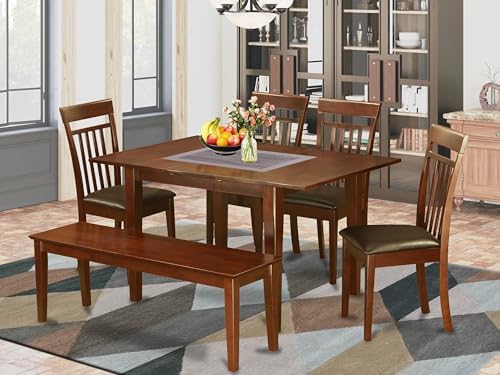 East West Furniture PSCA6C-MAH-LC 6 Piece Modern Dining Table Set Contains a Rectangle Wooden Table with Butterfly Leaf and 4 Faux Leather Dining Chairs with a Bench, 32x60 Inch, Mahogany