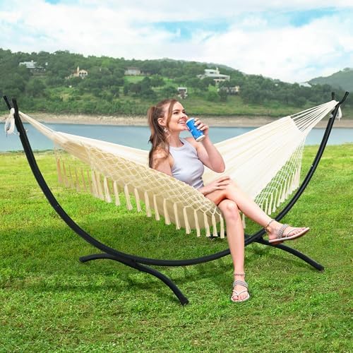 SUNCREAT Portable Outdoor Hammock with Stand Included, Double Hammock with Tassel for Outside, Beige
