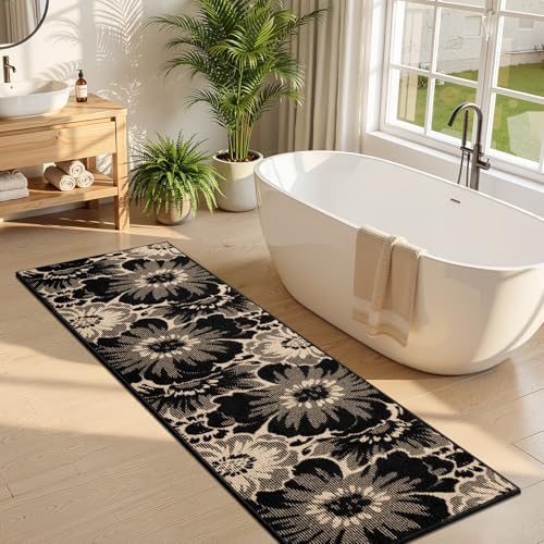 Findosom Hallway Runner Rug 2x8, Non Slip High-Low Textured Floral Washable Runner Rug with Rubber Backing, Boho Carpet Runner for Kitchen, Entryway, Bedroom, Laundry, Black & Beige