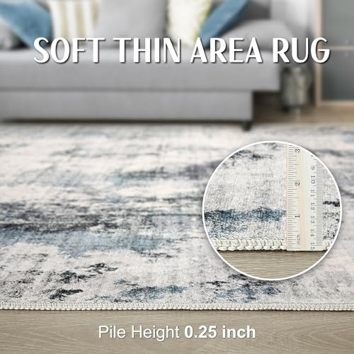 Abstract 8x10 Area Rug: Machine Washable Non Slip Ultra Thin Low-Pile Carpet, Soft Stain Resistant for Living Dining Room Bedroom, Kid Pet Friendly, Robot Vacuum Compatible - Grey Blue