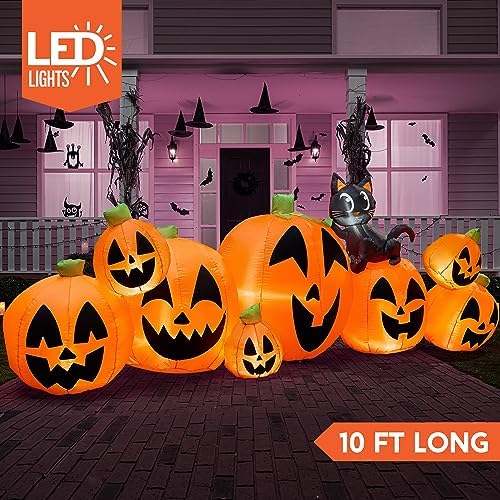 Joiedomi 10 FT Long Halloween Inflatables Outdoor Decorations, Blow Ups Inflatable Pumpkin for Yard with Witch's Cat, 8 Pcs Blow Up Pumpkin Decor for Halloween Decorations Outside