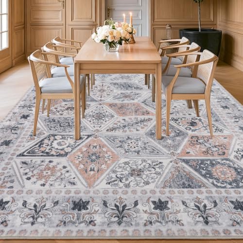 Moroccan Patchwork Washable Area Rug 6x9 for Living Room, Ivory Beige