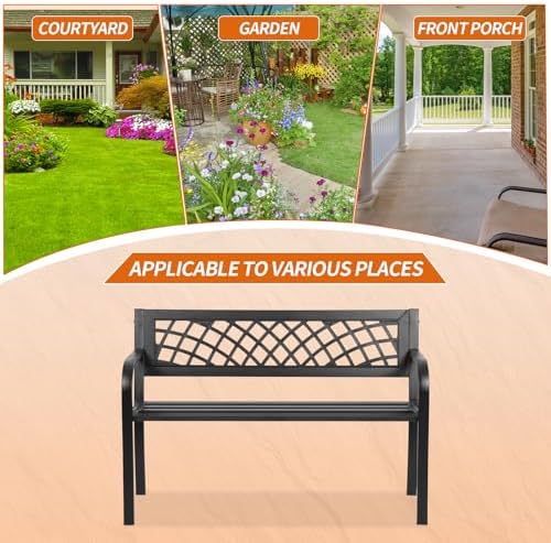 Outdoor Bench,Patio Garden Benches,Metal Weatherproof Porch Bench with Grid-Patterned Backrest and Armrest for Park Courtyard Porch,Bearing Capacity 480lbs,Black