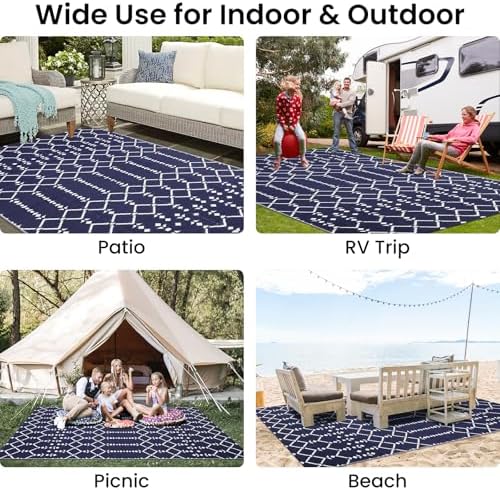 Smiry Outdoor Rug 5x8 ft Waterproof Reversible Boho Mat, Navy