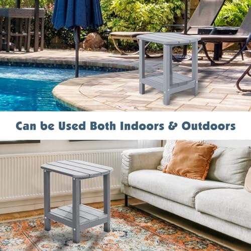 Adirondack Outdoor Side Table, 16.5” HDPE Small Patio Table with Storage Shelf, Weather Resistant End Table for Porch, Pool & Yard (Grey)