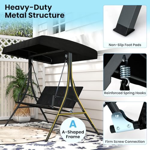 Tangkula 3-Person Wicker Porch Swing, 1000 lbs Max Load, Black