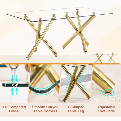 AZmac Modern Dining Table Set for 8 with Gold Metal Frame, 9-Piece Glass Dining Table with PU High Back Chairs for Kitchen Dining Room, Glass Table and 8 Dark Gray Chairs