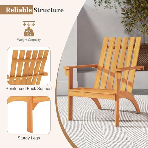 Tangkula Outdoor Adirondack Chair, Solid Acacia Wood Fire Pit Chair with Inclined Backrest, Curved Seat & Wide Armrests, Wooden Lawn Chair for Porch, Patio, Garden, Backyard, Deck (1, Natural)