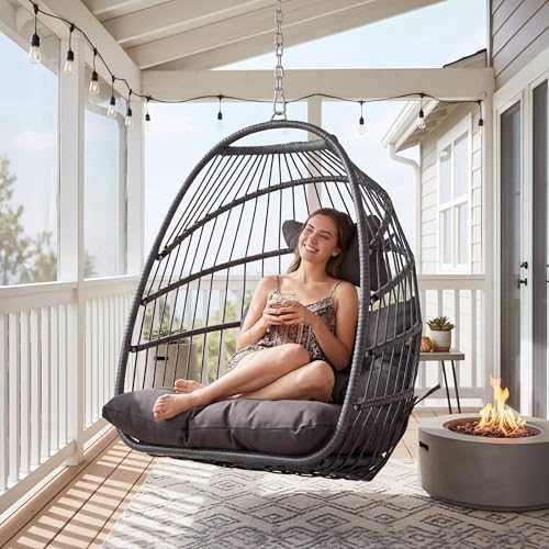 Nicesoul Foldable Space-Saving Hanging Egg Chair No Stand, 350lbs Reinforced Frame with Swing Design, Deep Seat with Thick Cushion, UV-Resistant Outdoor Indoor Use for Balcony Patio, Dark Grey