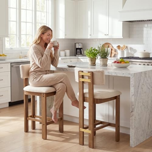 HNY 26’’ Tall Farmhouse Bar Stools Set of 2, Modern Counter Stools with Backs Beige Linen Upholstered Bar Height Chairs with Natural Hardwood Frame, Counter Height Wood Barstools for Kitchen Island