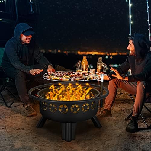 Hykolity 2 in 1 Fire Pit with Grill, Large 31" Wood Burning Fire Pit with Swivel Cooking Grate Outdoor Firepit for Backyard Bonfire Patio Outside Picnic BBQ, with Spark Cover, Fire Poker