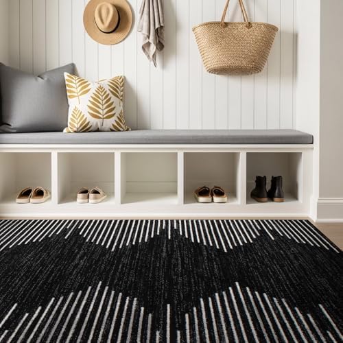 Rugshop Bohemian Stripe Stain Resistant High Traffic Area Rug Black 5' x 7'