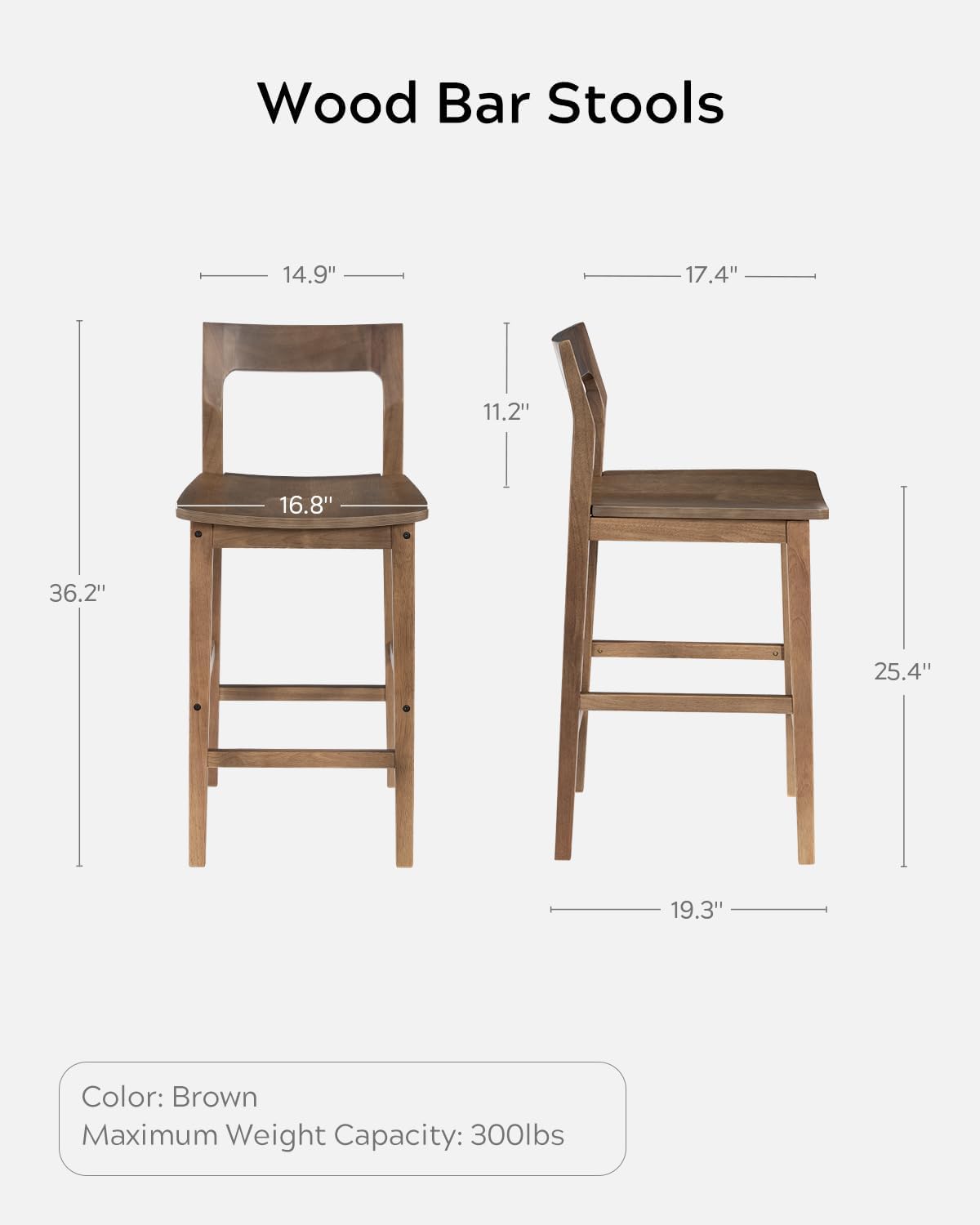 EYYTHUNG Basics Bar Stools Set of 4, Farmhouse 25” Counter Height Stools with Solid Wood Legs & Back, Mid Century Modern Barstools for Kitchen Island, Dining Room, Brown