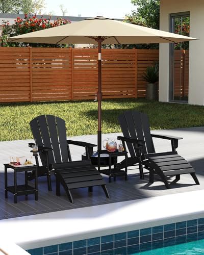 GREENVINES Folding Adirondack Chairs Set of 2 w/Cup Holder, HDPE, Black