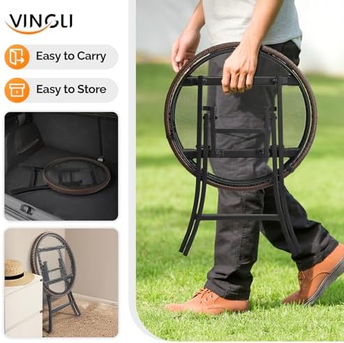 VINGLI 19in Modern Brown Rattan Folding Glass Outdoor Side Table, Small Patio Table with Tempered Glass Top,Round,1 Pack