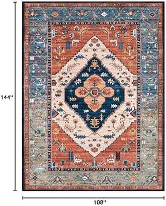Lahome Area Rugs 9x12 Living Room - Boho Non-Slip Washable Rug Ultra-Thin Stain Resistant Large Carpet Throw Non Shedding Dining Room Mat, Oriental Print Carpet for Bedroom Adelyn (Rust, 9'x12')