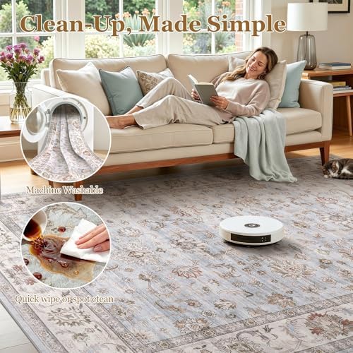 WITSHOCK Washable Area Rug 12x15 Non-Slip Floral Carpet, Gray/Light Blue