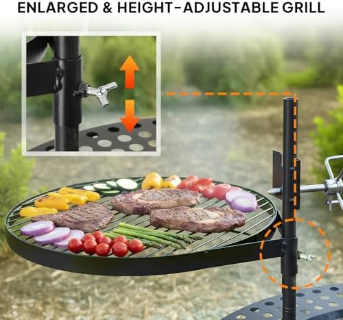 ROVSUN Upgrated 33'' Outdoor Fire Pit with 2 Grills, Grill with Side Shelves, Wood Burning Round Firepit with Swivel Cooking Grate, Removable Swivel Grill for Backyard, Patio, Picnic, BBQ and Parties