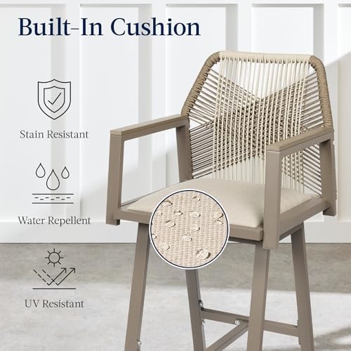 Best Choice Products Outdoor Bar Stools Set of 2, Bar Height, 360° Swivel Aluminum Frame, All-Weather Woven Rope Chair Design w/Armrests - Taupe/Sandstorm