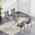 5 Piece Glass Dining Table Set Modern Glass Dining Table Set for 4, 51" Rectangular Kitchen Table and 4 Velvet Upholstered Chairs for Kitchen Dining Room, Silver Table & Grey Chair