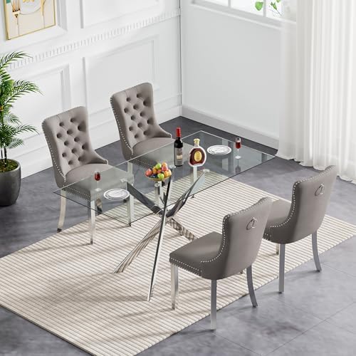 5 Piece Glass Dining Table Set Modern Glass Dining Table Set for 4, 51" Rectangular Kitchen Table and 4 Velvet Upholstered Chairs for Kitchen Dining Room, Silver Table & Grey Chair