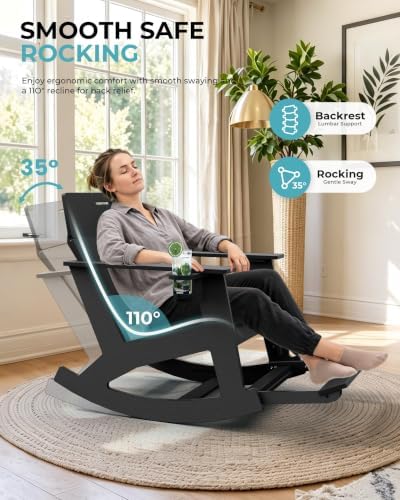 Ciokea Outdoor Rocking Chair with Pull-Out Footrest, Solid Backrest, Black