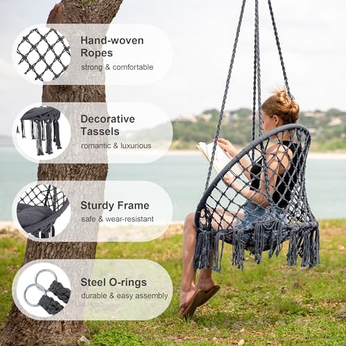 SUNCREAT Hammock Chair Hanging Macrame Swing with Hardware Kits, Grey