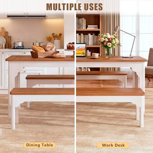 HUAHUU 63" Farmhouse Dining Table Set for 4-6, Kitchen Table with 2 Benches, Space Saving 3-Piece Rectangle Wooden Dinette Table Set for Dining Room, Breakfast Nook, Small Space, Brown & White