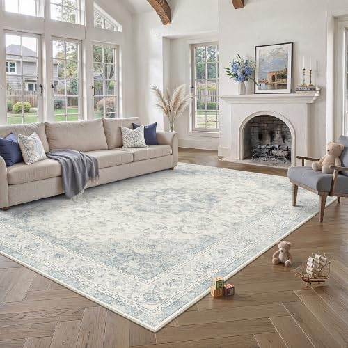 8x10 Blue Washable Area Rug Non Slip Vintage Carpet