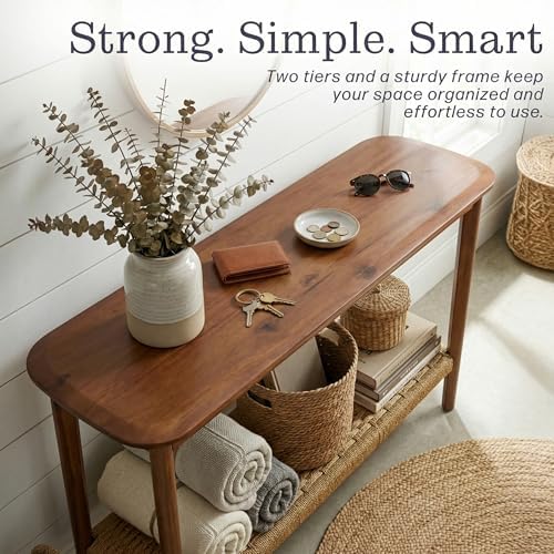 Calais Solid Wood Console Table with Woven Storage Shelf, Chestnut, 48 Inch