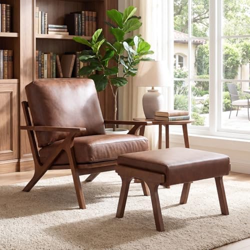 chairus Mid-Century Modern Brown Faux Leather Accent Chair, Comfy Upholstered Lounge Armchair with Removable Cushions & Solid Wood Frame, Retro Fabric Reading Chair for Living Room Bedroom Office