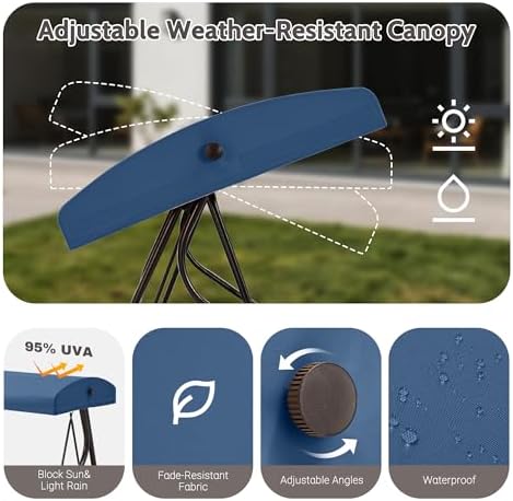 3-Seat Outdoor Porch Swing with Stand for Adults, 800lbs Convertible Swing Bed & Patio Swing with Canopy, Deep Cup Holder, Reinforced Seat, Thicken Cushions for Garden, Yard & Balcony, Blue