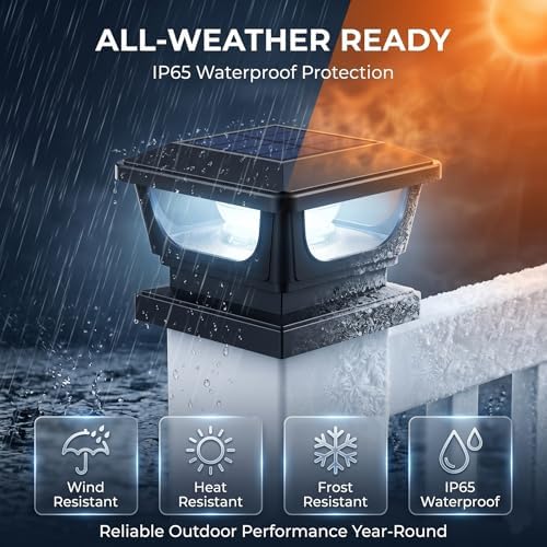 Solar Post Cap Lights 6 Pack, IP65 Waterproof 120LM 6500K Cool White Black