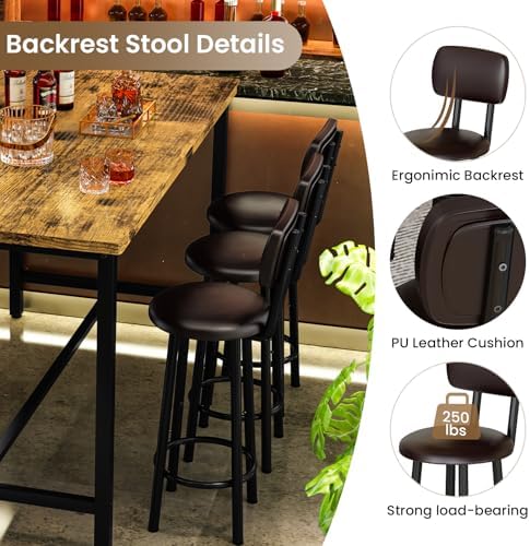 Recaceik 50" Dining Table Set for 6, 7-Piece Counter Height Bar Table Set with Upholstered Stools, Space-Saving Modern Pub Set for Kitchen, Breakfast Nook & Home Bar, Rustic Brown