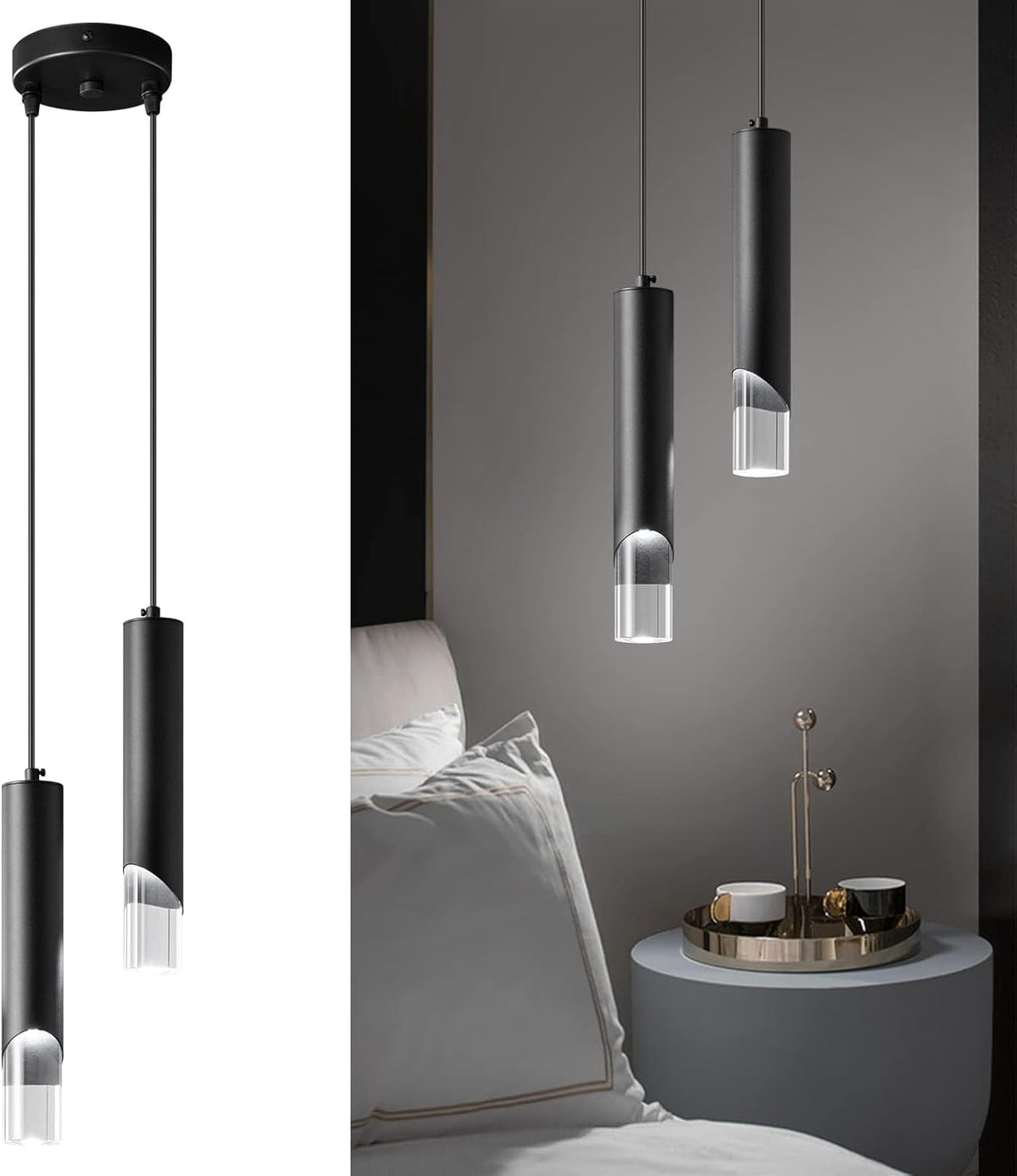 Modern Pendant Light Kitchen Light Fixture Dimmable LED Black Mini Pendant Lights Dinning Room Black Pendant Lighting for Kitchen Island Bedroom (2-Light)…