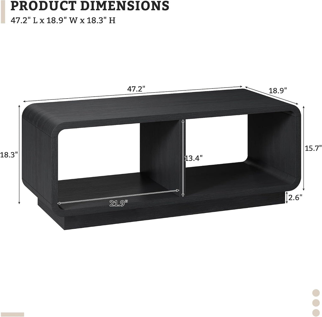 LYNSOM 47" Mid Century Modern Coffee Table, 2-Tier Center Table with Curved Profile Design & Independent Compartments, Wooden Rectangular Table with LED Light Strip for Living Room, Office, Black