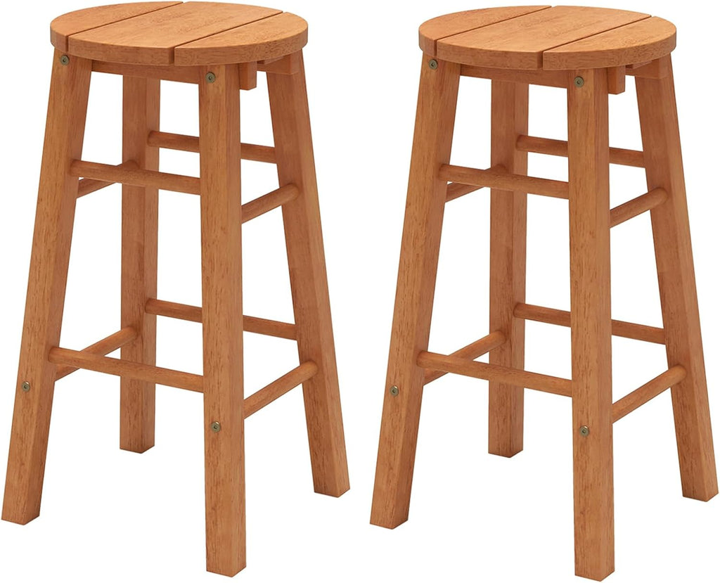 Tangkula Outdoor Wood Bar Stools Set of 2, Counter Height Backless Patio Barstools with Round Seat, Footrest, for Garden, Backyard, Balcony, Poolside, Natural (1,24 inches)