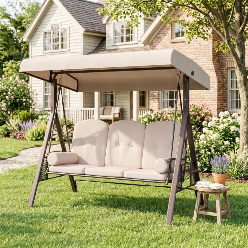 Outsunny 3-Seat Patio Swing Chair Adjustable Canopy Beige